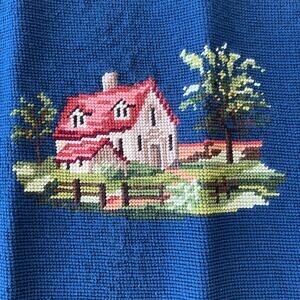 Vintage Needlepoint Piece Pre-worked Finished Piece House Cottagecore Blue